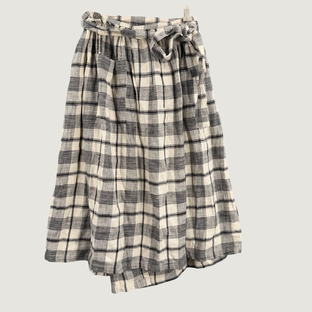 Shuttle Notes Wrap Skirt Black White Plaid Textured Woven Tie Waist 26" Waist